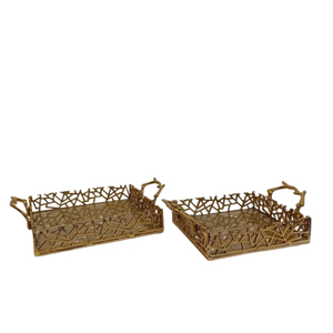 Juego de bandejas de lujo de metal dorado con diseño calado y asas, bandejas decorativas para servir comida, bandejas de almacenamiento para el hogar y bar. - Product Image 1