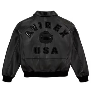 Blouson aviateur en cuir véritable noir pour homme, col rabattu, fermeture éclair, design à patchs, manches classiques, vêtement d'hiver - Product Image 3