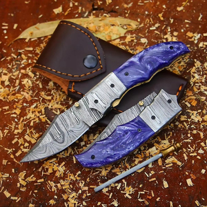 Couteau utilitaire pliant en acier de Damas de qualité industrielle, manche en résine, étui de transport vertical, couteau de poche EDC pour la chasse et le camping - Product Image 1