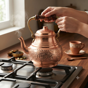 Bouilloire à thé en cuivre martelé artisanal avec couvercle, poignée en laiton, théière vintage pour cuisinière, pot à café et eau bouillante, pot de service - Product Image 2