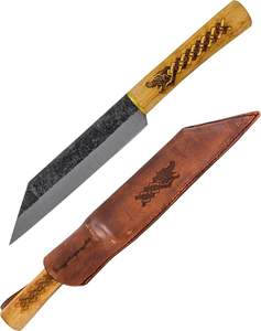 Cuchillo de Camping Norse Dragon Seax, Acero de Damasco, Mango de Acero Quemado, Hecho a Mano, Funda de Cuero Cosida, HRC60-65 - Product Image 1