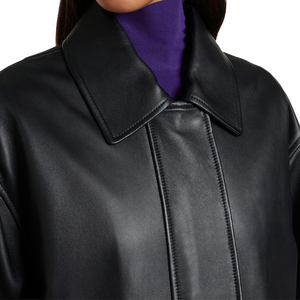 Veste en cuir d'agneau noir sur mesure pour femme, 100% cuir véritable, coupe ample, fermeture éclair sur le devant, poches à boutons pression, cordon de serrage ajustable - Product Image 5
