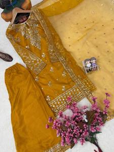 <b>Women's</b> Mustard Embroidered <b>Kurta</b> Set With Gold Thread Work Floor-Length Traditional Indian Pakistani Wear All Seasons - Product Image 3