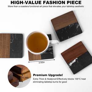 Juego de posavasos de mármol y madera de acacia, aptos para cocinas y oficinas, ideales para regalo (cuadrados negros) - Product Image 1