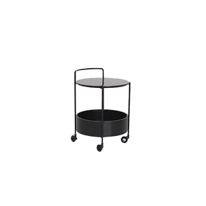 Round Metal Serving Cart with Glass Top and Lower Shelf Minimalist Design <b>Black</b> Finish on Wheels - Product Image 1