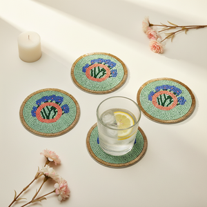Posavasos Redondos de Cuentas de Vidrio Verdes <300mm Antideslizantes Ecológicos con Diseño Bordado Origen India - Product Image 5