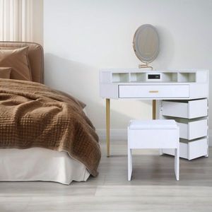 White Makeup <b>Vanities</b> Dressing <b>Table</b> Stool Set with Removable Tri-Color Illuminated <b>Mirror</b> Four Drawers with Outlets - Product Image 2