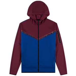 Premium Custom Men's Tech Fleece Zipper Tracksuit Maroon Royal Blue Color Block Full Zip Hoodie <b>Matching</b> <b>Jogger</b> Pants <b>Set</b> OEM - Product Image 3