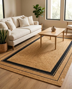 Natural Tan Jute Area <b>Rug</b> Handwoven with Black Border Farmhouse Boho <b>Rustic</b> Living Room Hall Natural Fiber Floor Carpet - Product Image 3