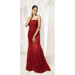 Luxury <b>Red</b> Mermaid Evening Gown | Spaghetti Strap Embroidery Stretch | Fabric Elegant Fit Floor Length | Formal Dress Party Wear - Product Image 1