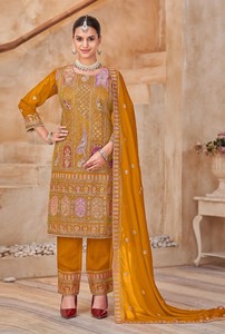 Traje Salwar Kameez Moderno de Seda Vichitra, Listo para Usar, con Bordado y Encaje, para Fiestas, Bodas y Graduaciones - Product Image 4