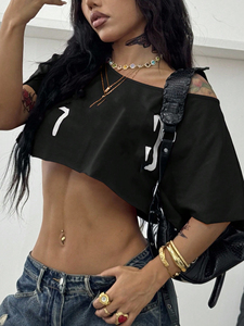Camiseta Corta Sexy Negra con Hombros Descubiertos para Mujer, Estampado Personalizado, Manga Corta, Ajuste Holgado, Bajo sin Rematar, Estilo Urbano, Blusa de Verano - Product Image 5