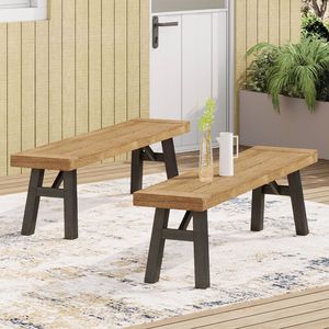 Juego de 2 bancos de patio para exteriores con diseño de paneles de listones y estructura de madera de acacia en color natural y gris - Product Image 3