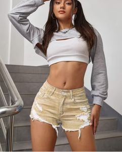 Shorts de mezclilla de cintura alta para mujer, desgastados, vintage, de algodón lavado, casuales, de verano - Product Image 6