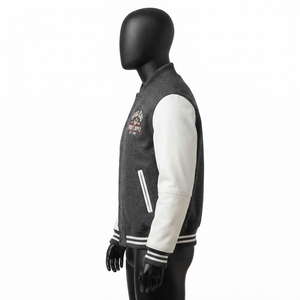 High Street <b>Leather</b> Sleeves Letterman Varsity Breathable Winter <b>Long</b> Sleeves Baseball <b>Jacket</b> for Men - Product Image 2
