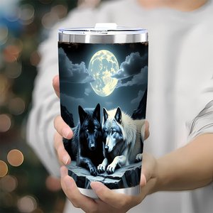 Stainless Steel Tumbler 20oz Vacuum <b>Insulated</b> Portable Car <b>Mug</b> With Wolf Moon Design - Product Image 3