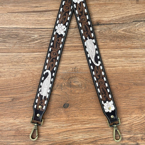 Plume Whipstitch usinée à la main 1.5 "bandoulière en cuir véritable Western Floral remplacement sac sangle avec boutons-pression en laiton antique - Product Image 3