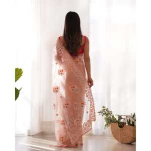 Sari fourreau à imprimé floral avec broderie au fil et au zari pour les fêtes - Product Image 2