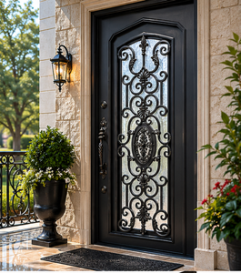 Puerta de Entrada Individual de Hierro Forjado de Lujo con Vidrio Esmerilado Decorativo y Diseño de Entrada Personalizado para Villa - Product Image 1