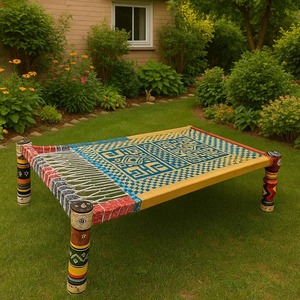 Handwoven Rectangular Charpai <b>Bench</b> With Colorful Patterned Design Durable Wooden Outdoor Furniture Modern Style - Product Image 1