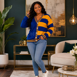 HMR Sororité Sororité Acrylique Nouveau Personnalisé Dames Bleu Jaune Rayé Pull Tricot Tops Mode Classique Col V Manches Longues - Product Image 3