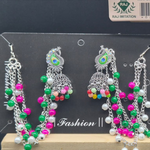 Indian <b>Silver</b> Plated Peacock Motif Jhumka <b>Earrings</b> Multicolor Bead Kaan <b>Chain</b> Fashion <b>Earrings</b> Wholesale Set - Product Image 1