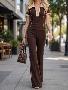 Ensemble deux pièces pour femme, col polo zippé à manches courtes, pantalon long à blocs de couleur marron, survêtement - Product Image 6