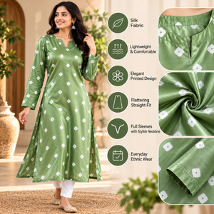 <b>Women</b> Green Long <b>Kurta</b> O Neck Empire Waist Patchwork Woven Cotton Traditional Ethnic Party Wear Eco Friendly Washable Dress Wear - Product Image 5