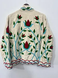 <b>Women</b>’s Boho Suzani Embroidered Cotton Jacket Colorful Floral Embroidery Stand Collar Long Full Sleeves Winter Open Front <b>Coat</b> - Product Image 6