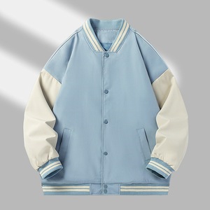 <b>Men's</b> <b>Black</b> And Cream Varsity Jacket Regular Fit Solid Color Button Closure Turn-down Collar Autumn Casual Wear - Product Image 6