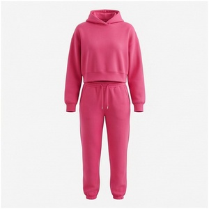 Women <b>Pink</b> Hooded <b>Sweatshirt</b> & Jogger Pants Set Casual Solid Color Full Sleeve Tracksuit Autumn Wear 100% Cotton Loose Fit - Product Image 1