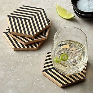 Custom Logo Classic Eco-Friendly Heat Resistant Resin Wood Stripes Inlay Tea Coaster <b>Set</b> Mats Pad Placemat Modern Stylish - Product Image 5