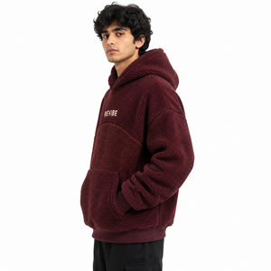 Custom <b>Mens</b> <b>Burgundy</b> Sherpa Fleece <b>Hoodie</b> Heavyweight Oversized Winter Pullover OEM Clothing Manufacturer - Product Image 2