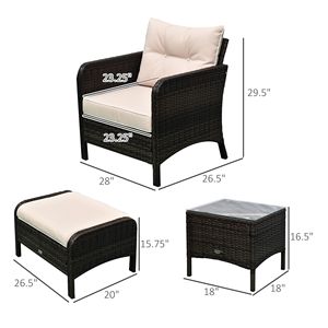 Set da 5 Pezzi in Rattan Intrecciato per Esterni con Tavolo in Vetro Temperato, 2 Sedie Imbottite e 2 Pouf - Product Image 3