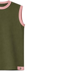 ชุดเซ็ตเสื้อกล้ามและกางเกงขาสั้นสีเขียวมะกอกสำหรับผู้ชาย แต่งขอบสีชมพู พร้อมเชือกผูกเอว ชุดลำลองฤดูร้อนผ้าฝ้ายสองชิ้น - Product Image 2