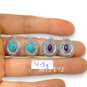 925 Sterling <b>Silver</b> Vintage Turquoise And Amethyst Oval Cut Drop <b>Dangle</b> <b>Earring</b> High Quality Gemstone <b>Silver</b> <b>Earrings</b> For Women - Product Image 1