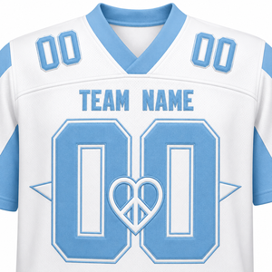 Camiseta de Fútbol Americano Personalizada, Blanca y Azul, Cuello en V, Manga Corta, Absorbe la Humedad, Unisex, para Adultos, Impresión Sublimada, Nombre del Equipo, Número - Product Image 4
