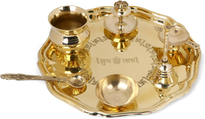 Juego de Thali de Metal Premium para Pooja con Diseño Grabado Shubh Labh, Acabado Dorado, Bandeja Decorativa para Puja con Campana Tradicional y Diya - Product Image 4