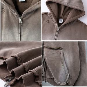 OEM Heavyweight Hoodie Custom Oversized Zip up <b>Fleece</b> <b>Black</b> Streetwear Vintage Distressed Pocket Acid Wash Hoodies for Men - Product Image 6