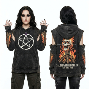 Sudadera con capucha marrón de 350GSM con lavado ácido para mujer, estilo de calle con estampado de calavera térmico y borde sin rematar, fabricante personalizado al por mayor - Product Image 3