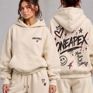 Conjunto Deportivo Crema para Mujer, Sudadera Holgada, Pantalones Anchos, Estampado Gráfico, Ropa Casual Urbana - Product Image 4