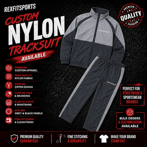 ชุดวอร์มไนลอนสีเทาดำแบบกำหนดเอง REXFIT SPORTS 2026 สำหรับผู้ชาย เสื้อแจ็คเก็ตซิปสีตัดต่อ และกางเกงขายาวรูดเชือก ชุดกีฬาแบรนด์ส่วนตัว - Product Image 1