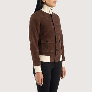 Furat Leathers Mocha <b>Suede</b> Quilted Breathable Eco-Friendly Quick Dry Winter Women's Biker Bomber <b>Jacket</b> Stand Detachable Collar - Product Image 4