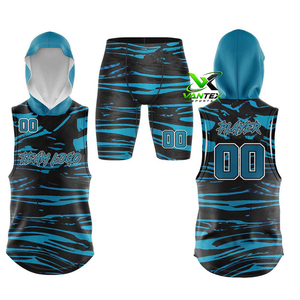 VANTEX Custom Sublimation Black Hooded <b>Men's</b> Basketball Jersey <b>Shorts</b> Set with Blue Cross Design 100% Polyester High Quantity - Product Image 4