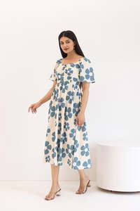 Robe midi à manches courtes à imprimé floral, col carré, coupe ample, style décontracté, robe d'été, tissu tissé respirant, 100% coton - Product Image 2