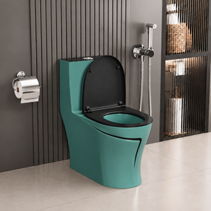 WC monobloc moderne bleu sarcelle, à poser au sol, allongé, à double chasse Tornado, sans bride, en céramique, avec siphon en S ou en P, écologique, à fermeture douce - Product Image 3