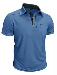 Polo en tricot bleu à manches courtes pour homme avec poche, design uni décontracté, coupe classique - Product Image 2