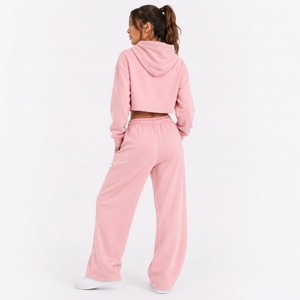 Women's Minimalist Crop Hoodie <b>Set</b> Wide Leg Sweatpants Private Label Clothing Factory - Product Image 2