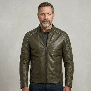 Premium Men's Olive <b>Green</b> Leather Jacket Quilted Shoulder Biker Motorcycle Slim Fit Stand Collar Casual Outerwear Winter Coat - Product Image 1