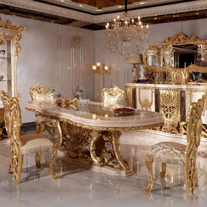 Ensemble de table à manger en bois de mahogany massif de style classique italien royal, sculpté à la main en or lourd, taille et couleur personnalisables - Product Image 1
